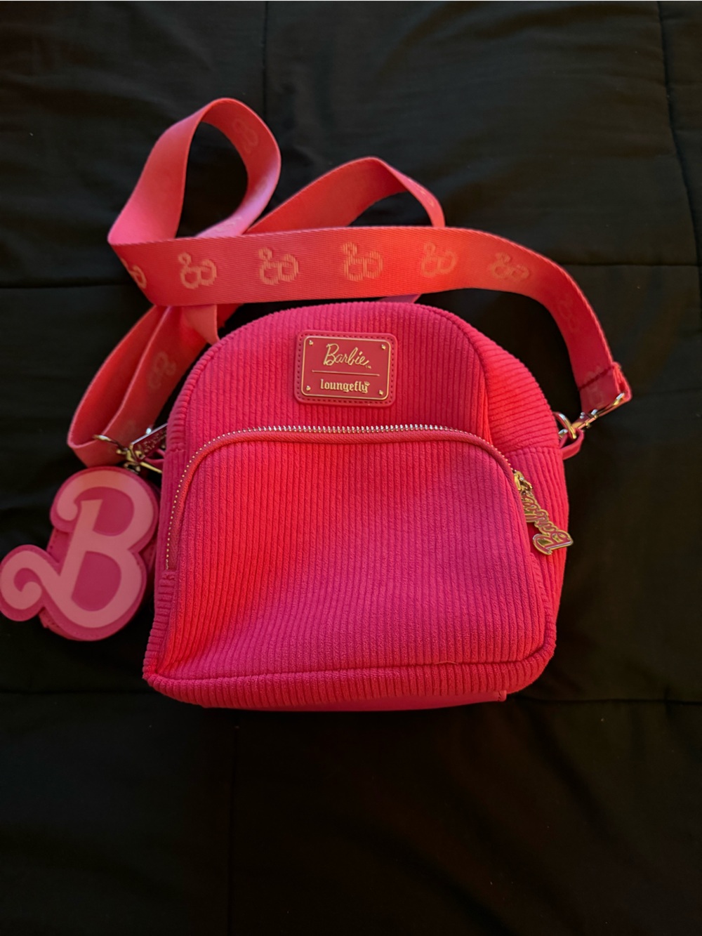 Loungefly Barbie Hot Pink Corduroy Mini Backpack with Logo Charm